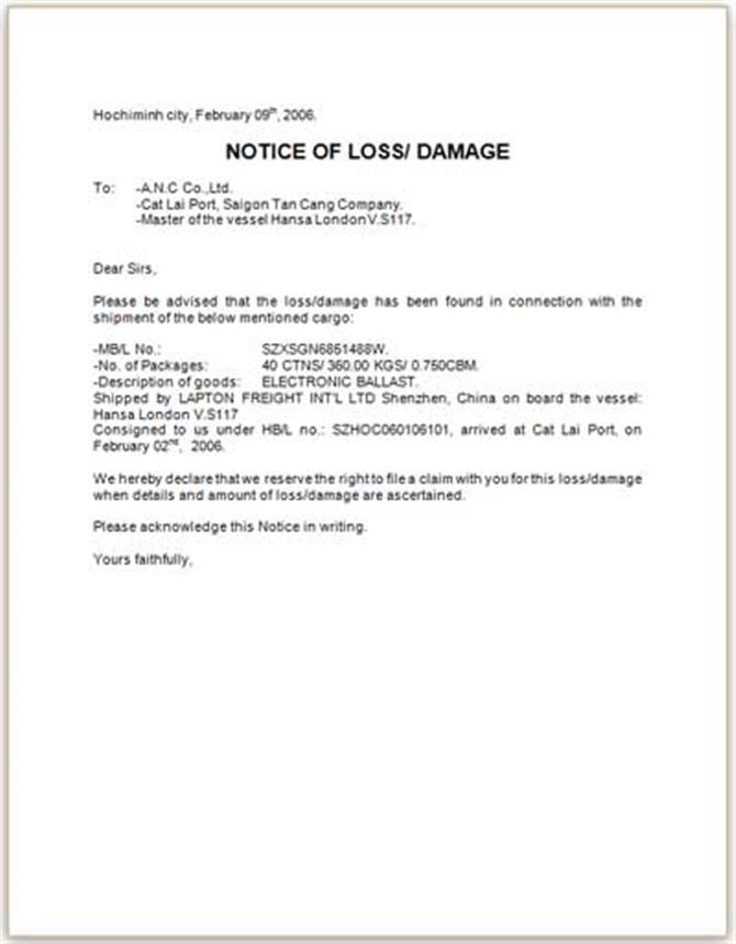 Mẫu giấy Notice of Loss/Damage