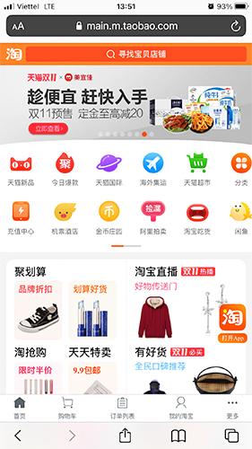 Giao diện mua hàng taobao trên điện thoại qua trình duyệt web