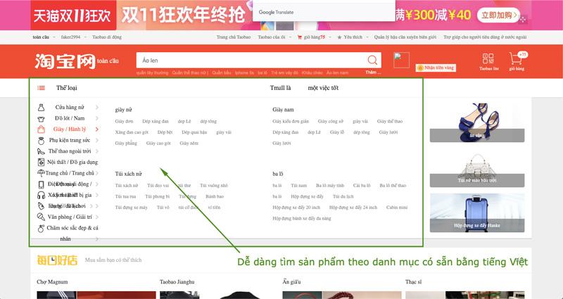 Danh mục sản phẩm đã được dịch sang tiếng Việt rất dễ để tìm