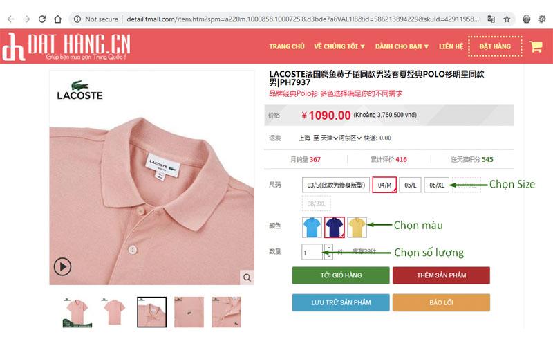 Chọn các thông số và cho vào giỏ hàng của iChina Company