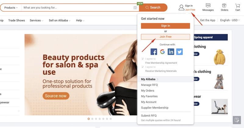 Chọn Join Free để đăng ký tài khoản bán hàng trên Alibaba