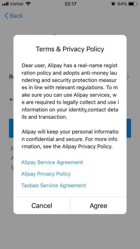đồng ý điều khoản để đăng ký Alipay