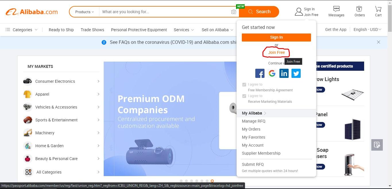  lập tài khoản Alibaba mới bằng cách sử dụng email, bấm vào Join Free