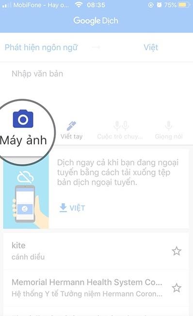 Nút chụp dịch tiếng trung bằng hình ảnh của Google Dịch